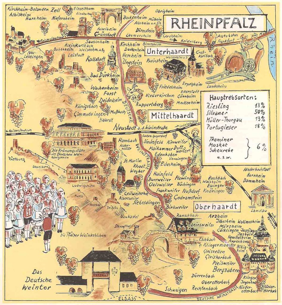 Die Deutsche Weinstraße. Historische Zeichnung von Rudi vom Endt. Herausgeber: Deutsche Weinwerbung GmbH, Mainz. Druck: Industriedruck AG, Essen