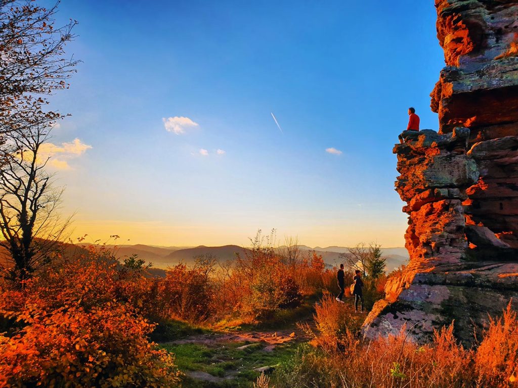 Sonnenuntergang auf Felsenburg Anebos im Pfälzerwald