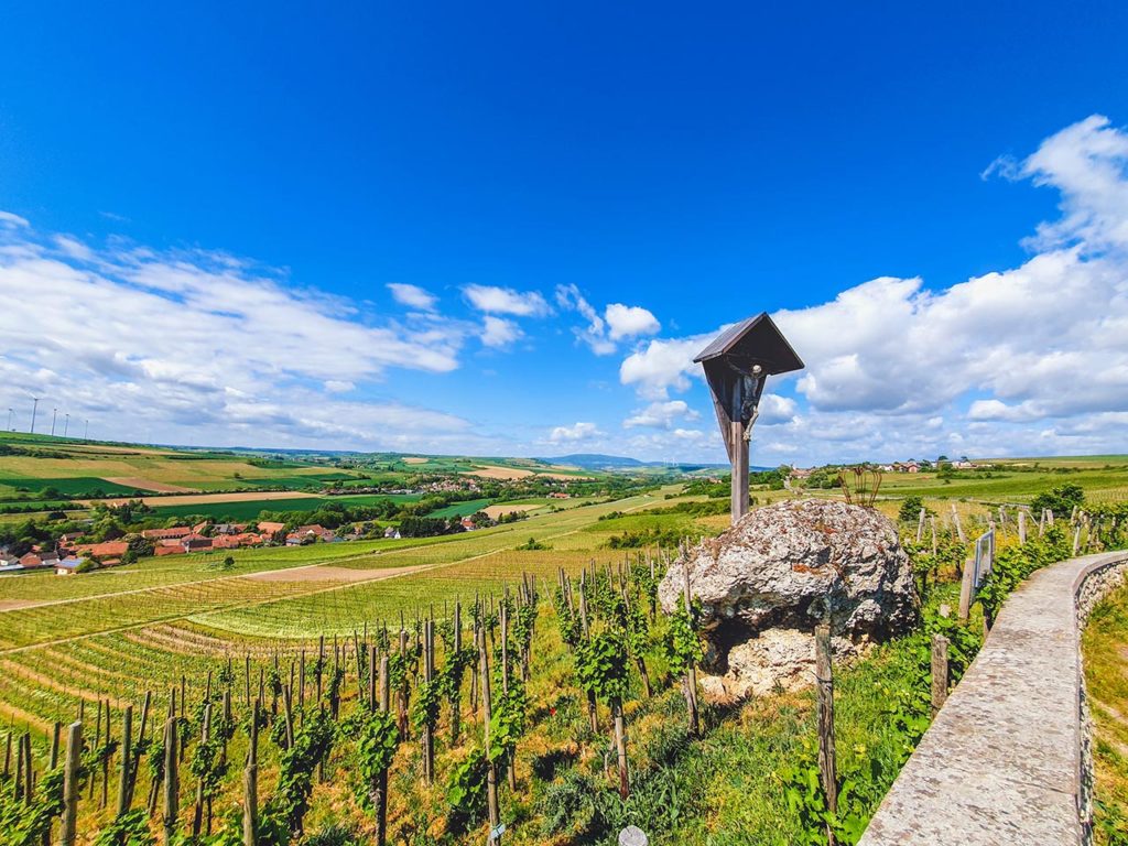 Aublick vom Zellertaler Krieger-Ehrendenkmal am Schwarzen Herrgott an der Panoramastraße bei Mölsheim in der Pfalz