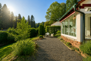 Gartenweg neben einem Haus mit verglastem Anbau, umgeben von viel Grün und Wald im Sonnenlicht