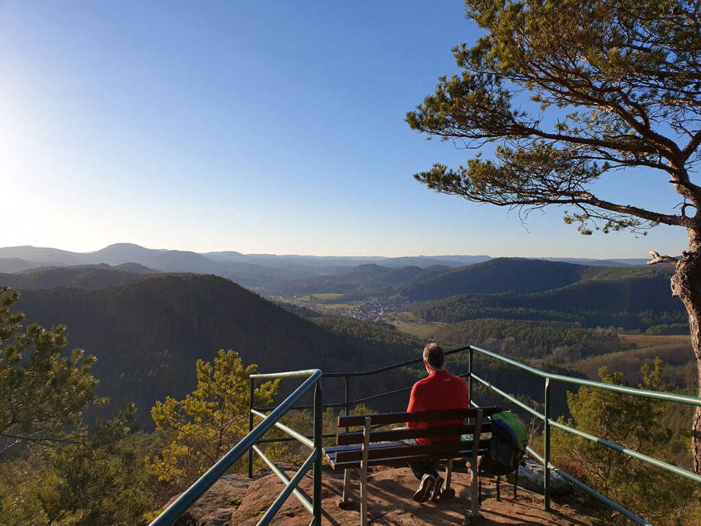 Löffelsberg mit Blick auf Schindhard und Busenberg im Pfälzerwald in der Südwestpfalz, Wasgau