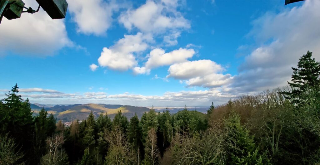 Panoramablick vom Martinsturm bei Waldrohrbach im Wasgau, Pfälzerwald in der Südpfalz