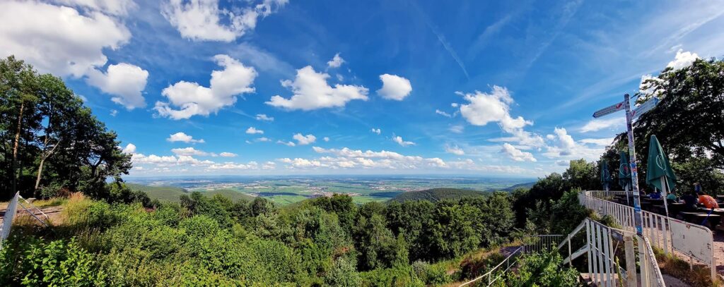 Panoramablick über die Rheinebene vom Kalmithaus bei Maikammer in der Südpfalz auf dem Pfälzer Weinsteig