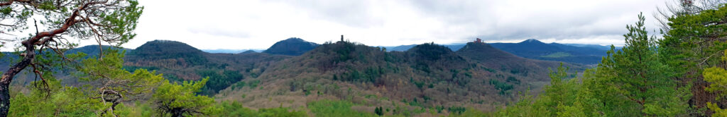 Panoramablick vom Slevogtfelsen auf die Burgen Trifels, Anebos und Scharfenberg / Münz auf dem Slevogtweg Leinsweiler in der Südpfalz, Pfälzerwald