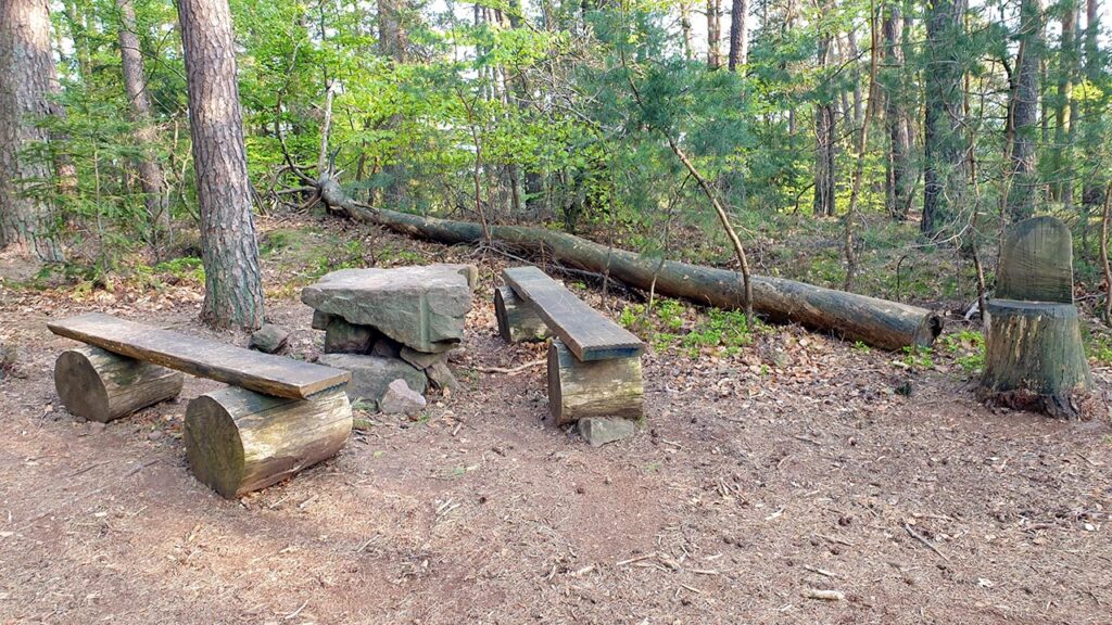 Rastplatz bei Rapunzel auf dem Dornröschen-Rundwanderweg und Gebrüder Grimm Märchenweg bei Dörrenbach im Pfälzerwald in der Südpfalz