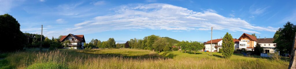 Panorama Wiese in Ludwigswinkel auf der Wasgau SeenTour im Dahner Felsenland, Pfälzerwald in der Südwestpfalz