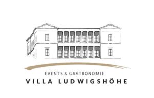 Schwarz-weiße Linienzeichnung einer klassizistischen Villa mit Säulenfront, darüber Schriftzug "Events & Gastronomie" und darunter "Villa Ludwigshöhe".