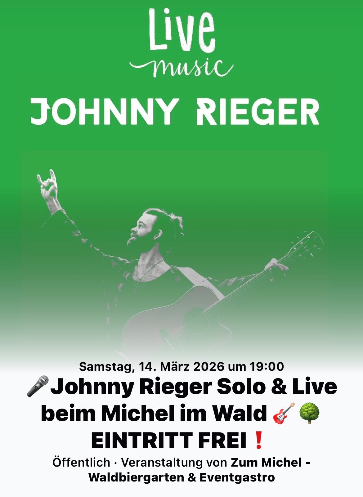 Grünes Konzertposter mit weißer Aufschrift Johnny Rieger, Silhouette eines Gitarristen, Datum 14. März 2026 und Hinweis Eintritt frei