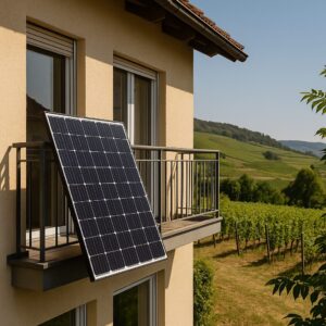 Solarmodul auf einem Balkon an einem Haus mit grünen Weinbergen im Hintergrund bei sonnigem Wetter.