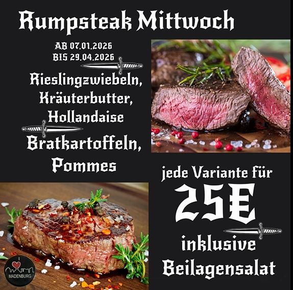 Rumpsteak-Werbung mit Bildern von medium gebratenem Steak, Zutaten und Text zu Angebot und Preis von 25 Euro inklusive Beilagensalat.