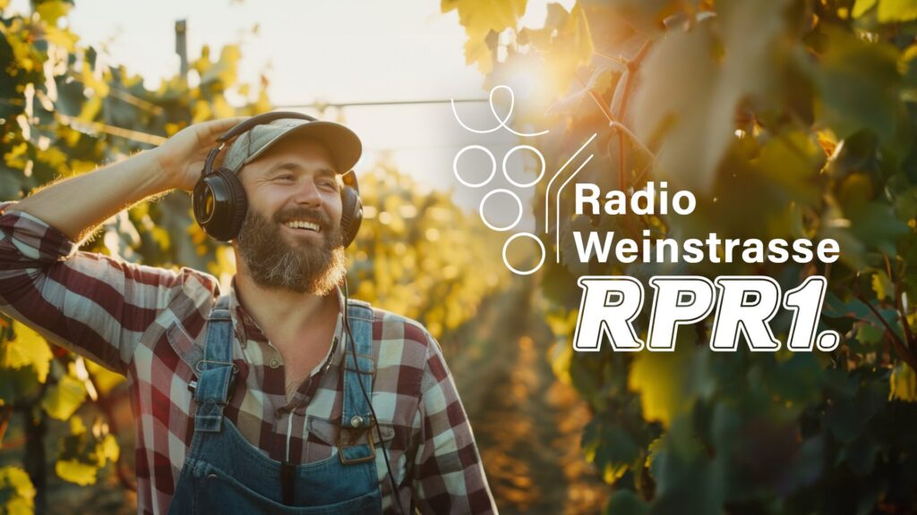 Mann mit Bart und Latzhose trägt Kopfhörer im sonnenbeschienenen Weinberg, rechts Logo und Schriftzug "Radio Weinstraße RPR1."