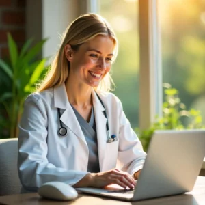 Ärztin mit weißem Kittel und Stethoskop, die lächelnd an einem Laptop in hellem Raum mit Pflanzen arbeitet