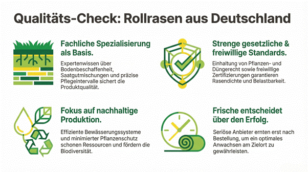 Infografik mit sechs Icons und kurzen Texten: Qualitäts-Check für deutschen Rollrasen, Hinweise zu Spezialisierung, Standards, nachhaltiger Produktion und frischer Lieferung.