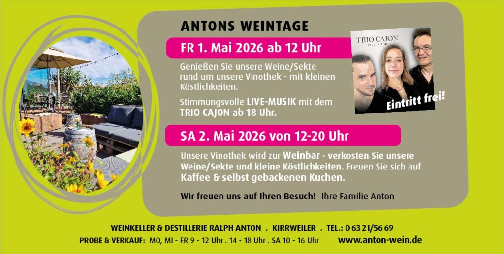 Bunter Werbe-Flyer für "Antons Weintage" mit Terminen 1. Mai (ab 12 Uhr) und 2. Mai (12–20 Uhr), Infos zu Wein-/Sektverkostung, Live-Musik Trio Cajon, Foto einer sonnigen Terrasse und Kontaktdaten.