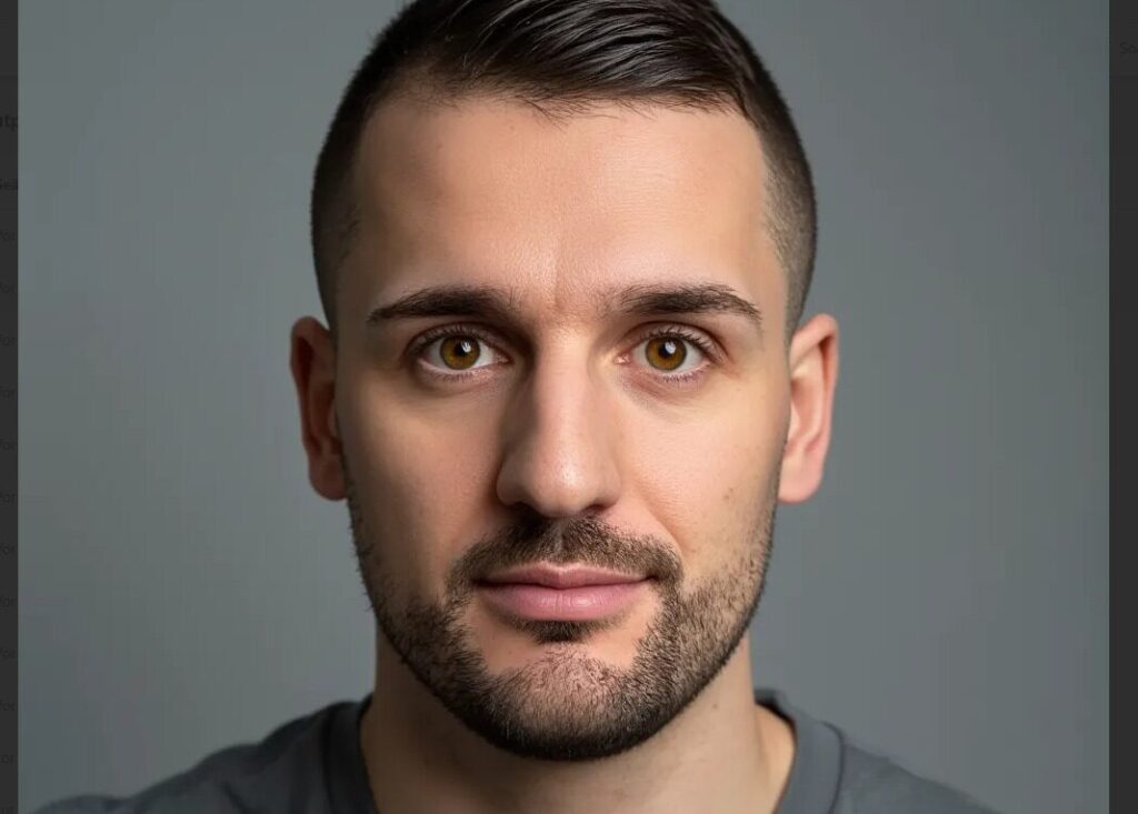 junger Mann mit kurzem dunklem Haar, kurzem Bart und braunen Augen, neutraler Gesichtsausdruck vor einfarbig grauem Hintergrund