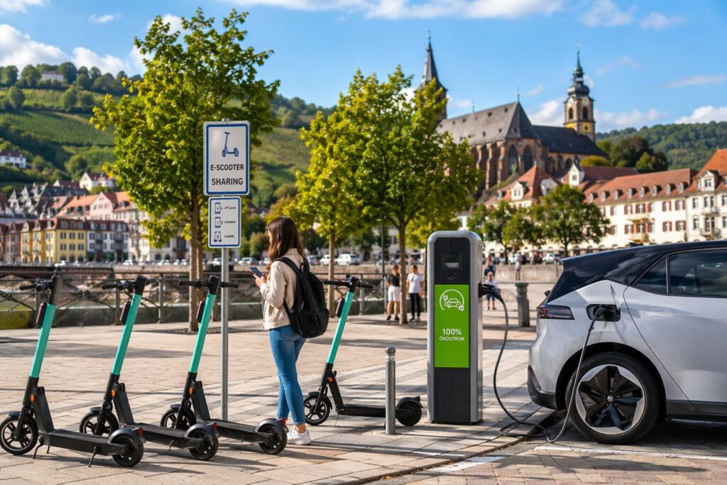 Frau mit Rucksack neben einer E‑Scooter‑Sharing‑Station, mehrere E‑Scooter in Reihe und ein Elektroauto an Ladestation vor Stadtkulisse.