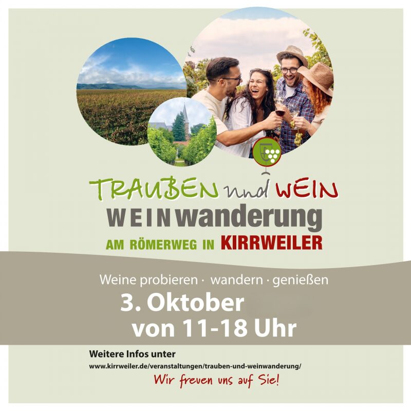 Plakat für eine Weinwanderung in Kirrweiler am 3. Oktober von 11–18 Uhr mit Bild von lachenden Leuten beim Weingenuss und Weinbergen im Hintergrund.