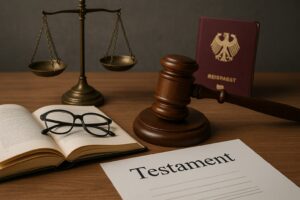 Richterhammer, Waage und aufgeschlagenes Gesetzesbuch mit Brille auf einem Holztisch, daneben ein Dokument mit der Überschrift "Testament" und ein deutscher Reisepass.