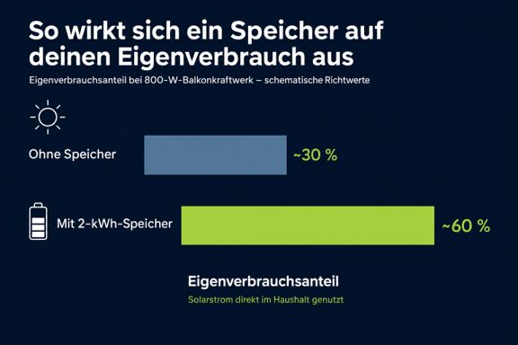 Diagramm zum Eigenverbrauch: ohne Speicher etwa 30 %, mit 2-kWh-Speicher etwa 60 %.