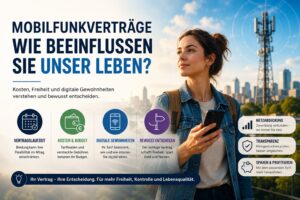 Infografik zu Mobilfunkverträgen mit Frau, Sendemast und Hinweisen zu Kosten, Netzabdeckung und Transparenz