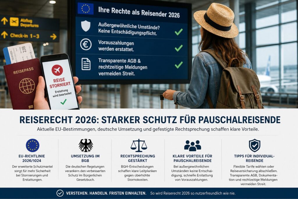Infografik zu Reiserecht 2026 mit Flughafenmotiv, Reisepass, Smartphone und Reisender mit Koffer