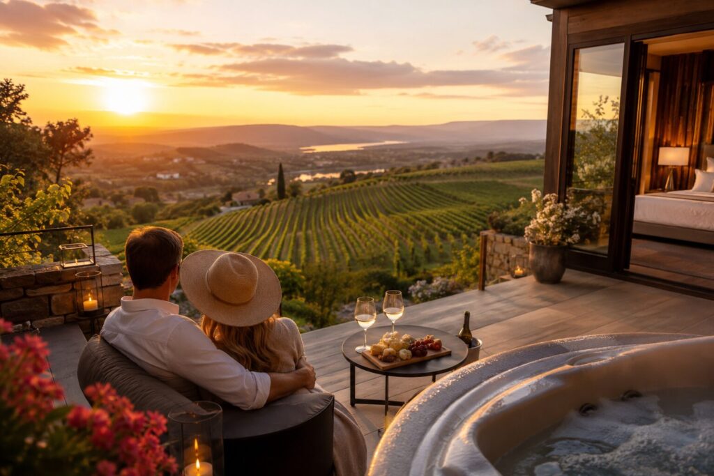 Paar sitzt auf einer Terrasse mit Blick über Weinberge bei Sonnenuntergang, mit Champagner und Snacks neben einem Whirlpool