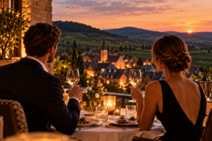 Paar beim Abendessen auf einer Terrasse mit Blick über ein Dorf im Sonnenuntergang, beim Anstoßen mit Wein