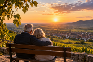 Älteres Paar sitzt auf einer Bank und blickt bei Sonnenuntergang über ein Tal mit Dorf und Weinbergen