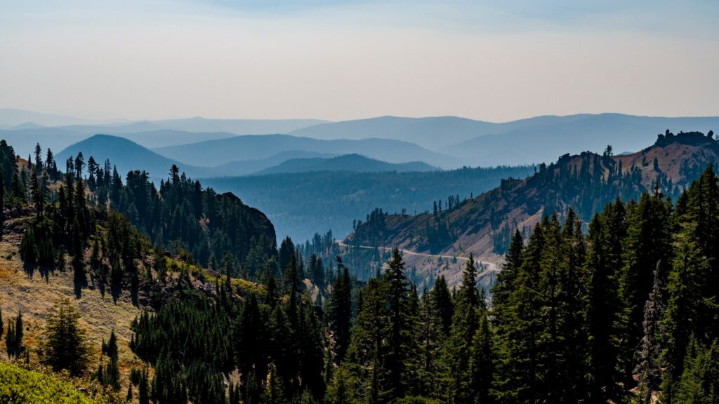 Blick über bewaldete Bergkämme und ein tiefes, nebliges Tal mit einer Serpentinenstraße
