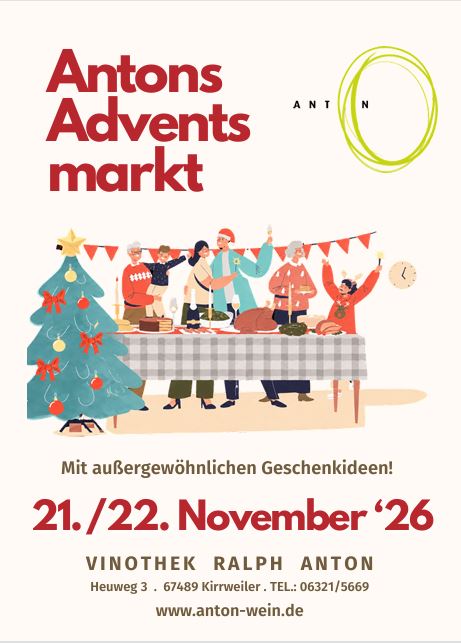 Plakat für den Antons Adventsmarkt am 21./22. November 2026 in der Vinothek Ralph Anton mit Geschenkideen und Website