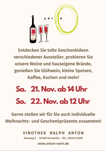 Weihnachts- und Geschenkmarkt bei Vinothek Ralph Anton am 21. und 22. Nov. mit Wein, Glühwein, Speisen und Geschenken