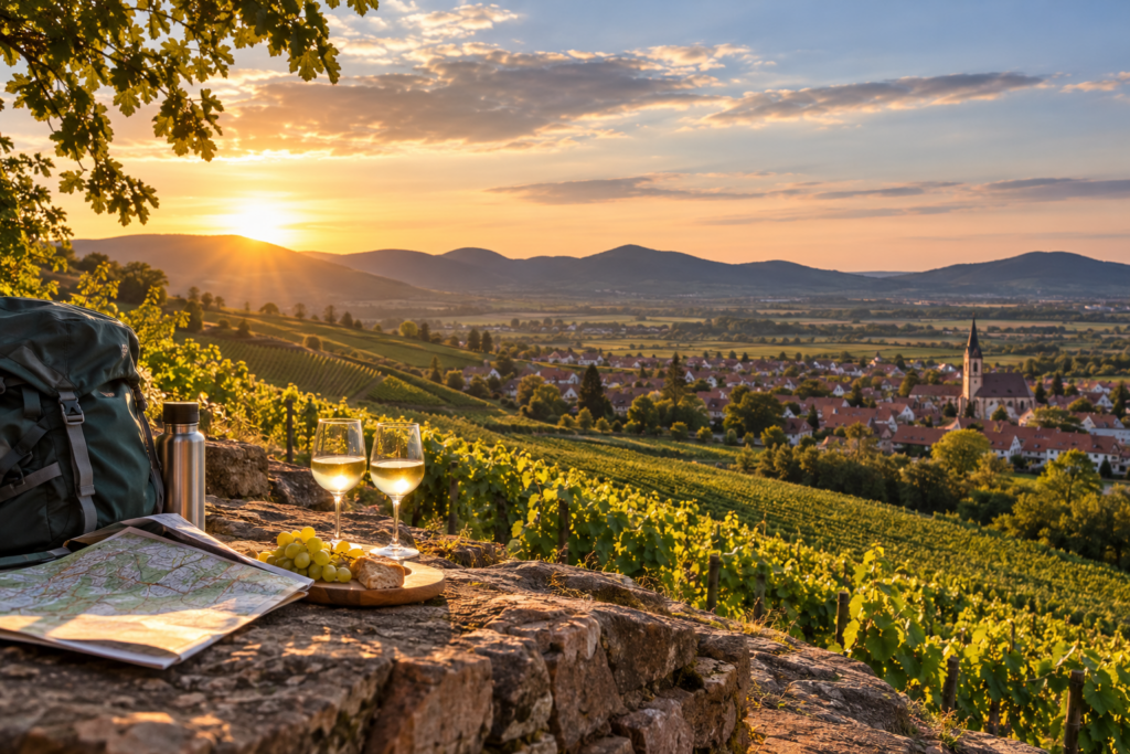 Sonnenuntergang über Weinbergen mit Picknickausrüstung, Blick auf ein Dorf und eine Kirche im Tal