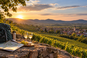 Sonnenuntergang über Weinbergen mit Picknickausrüstung, Blick auf ein Dorf und eine Kirche im Tal