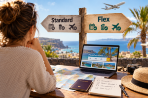 Reiseplanung mit Vergleich „Standard“ und „Flex“ für Pauschalreisen am Meer, Laptop und Notizen auf dem Tisch