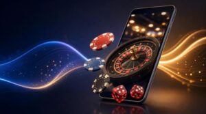 Smartphone mit Roulette-Rad und Pokerchips, Sinnbild für Online-Glücksspiel